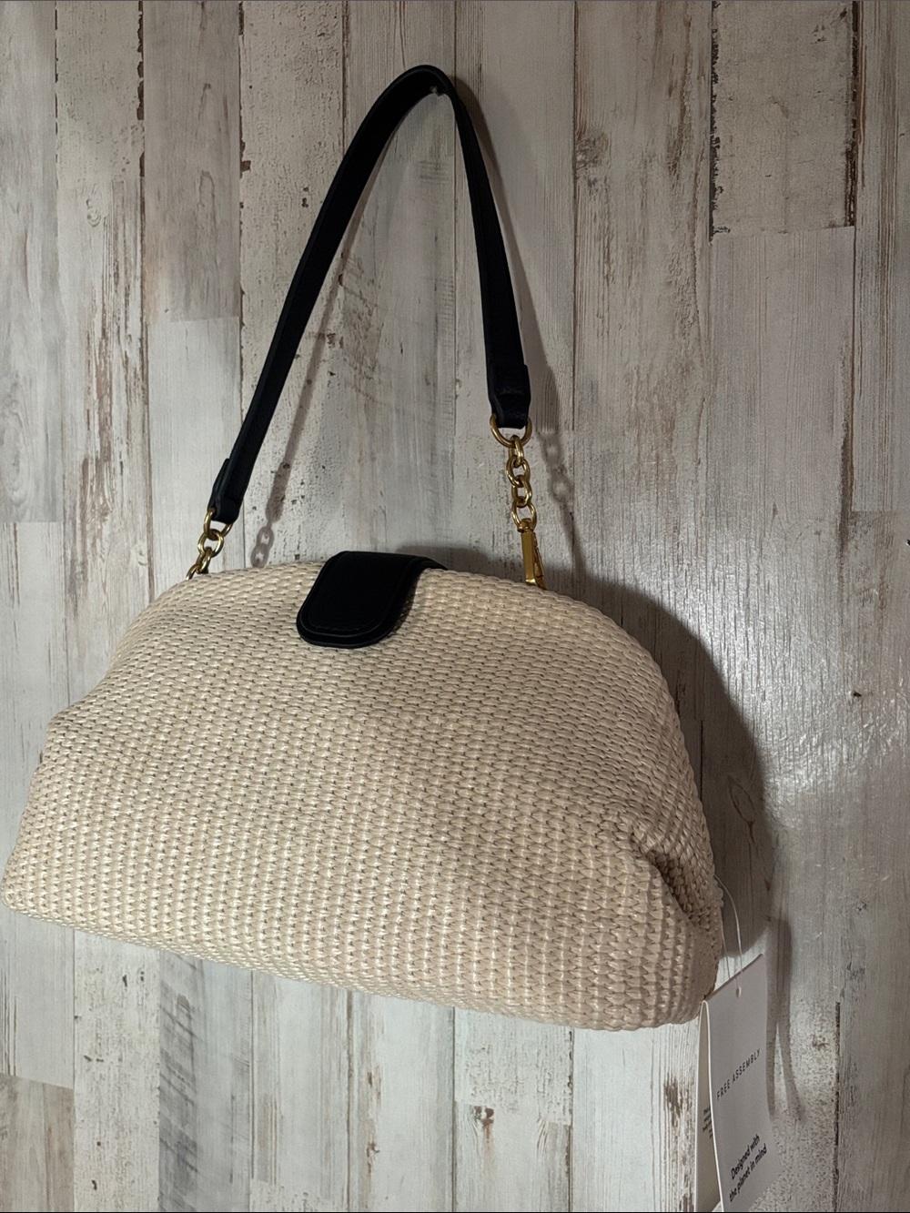 Cream Woven Shoulder Bag with Black Strap